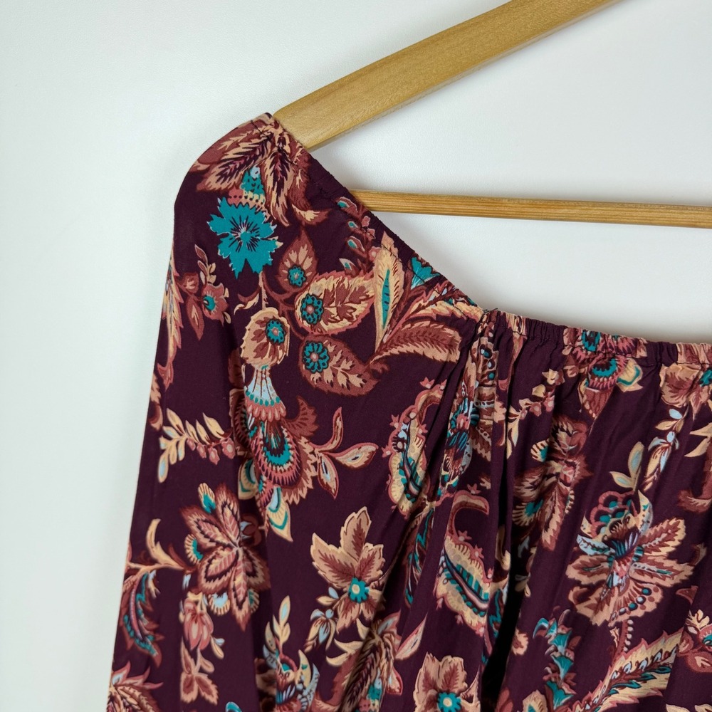 Cato Boho Floral Peasant Bell Sleeve Blouse Size 22/24W Burgundy Lightweight - Picture 3 of 9